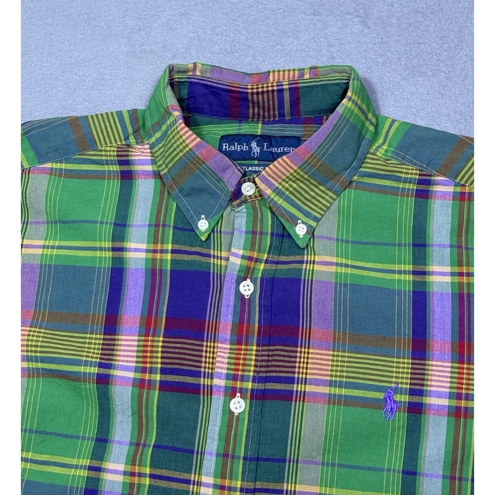 Ralph Lauren Classic Fit Button Shirt Mens L Green Madras Plaid Dadcore USA